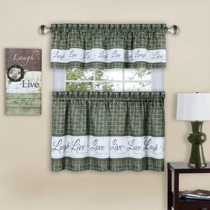 Country Gingham Check Live Laugh Love 3-Piece Cafe Plaid Kitchen Curtain Set